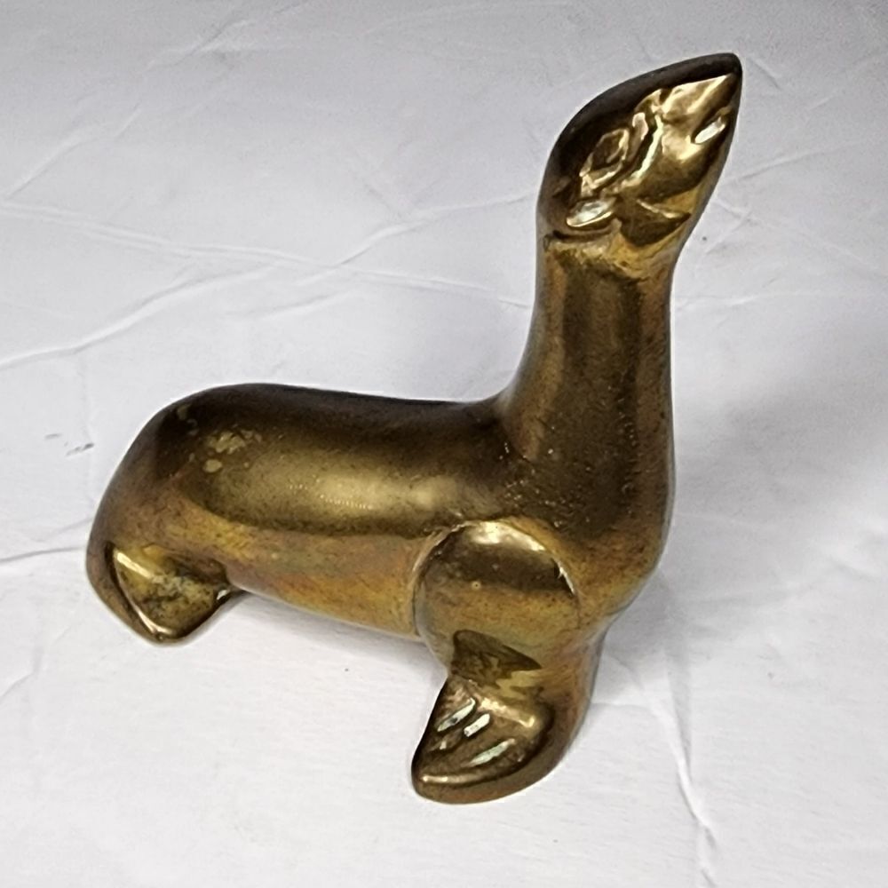 Vintage Heavy Solid Brass Seal Figurine Paperweight Brutalist Style